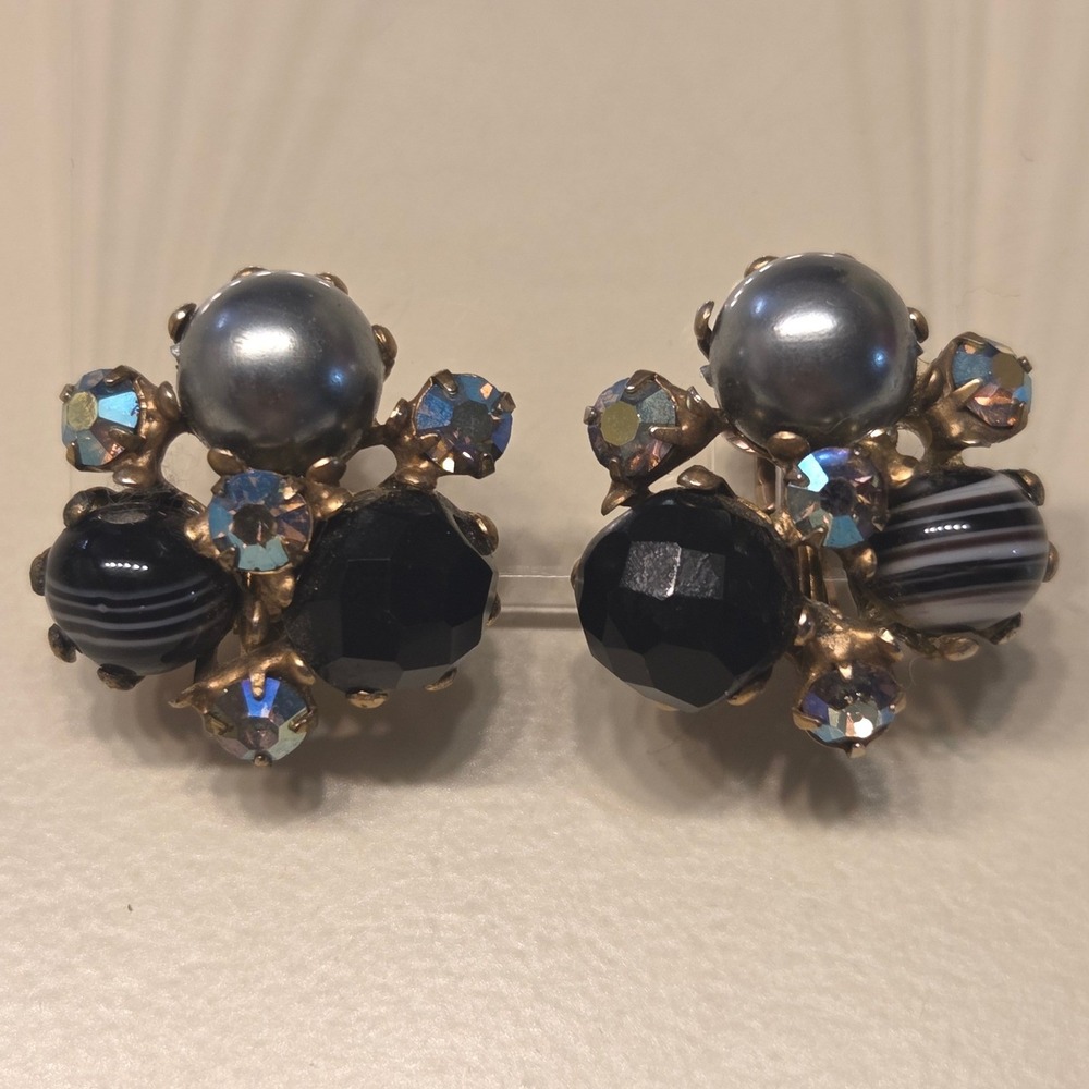 Vintage Gold Tone Cluster Clip On Earrings Black Bead AB Rhinestone Faux Pearl